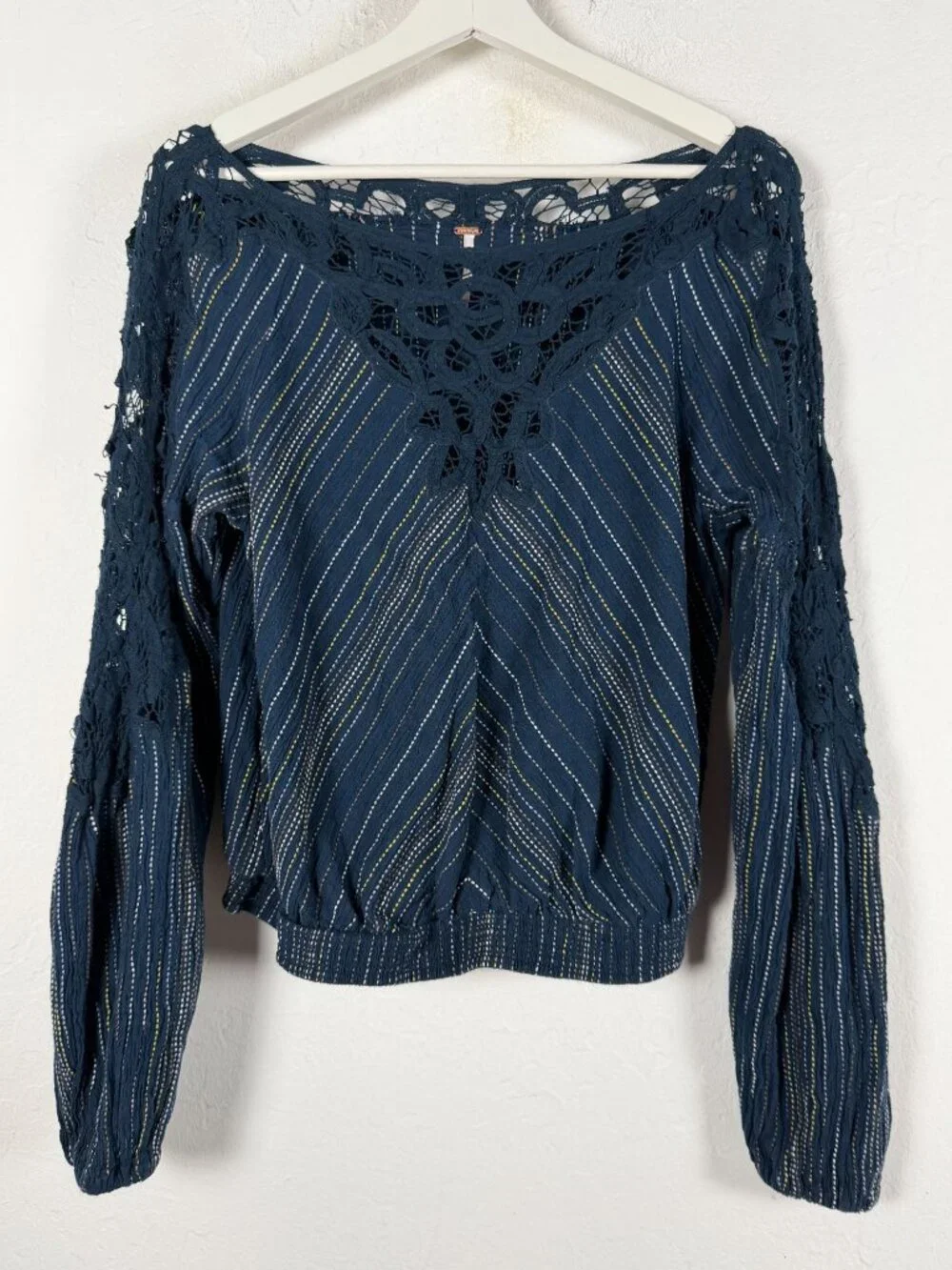 Free People Floating Memories Blouse Navy Blue Crochet Lace Stripe Boho Large